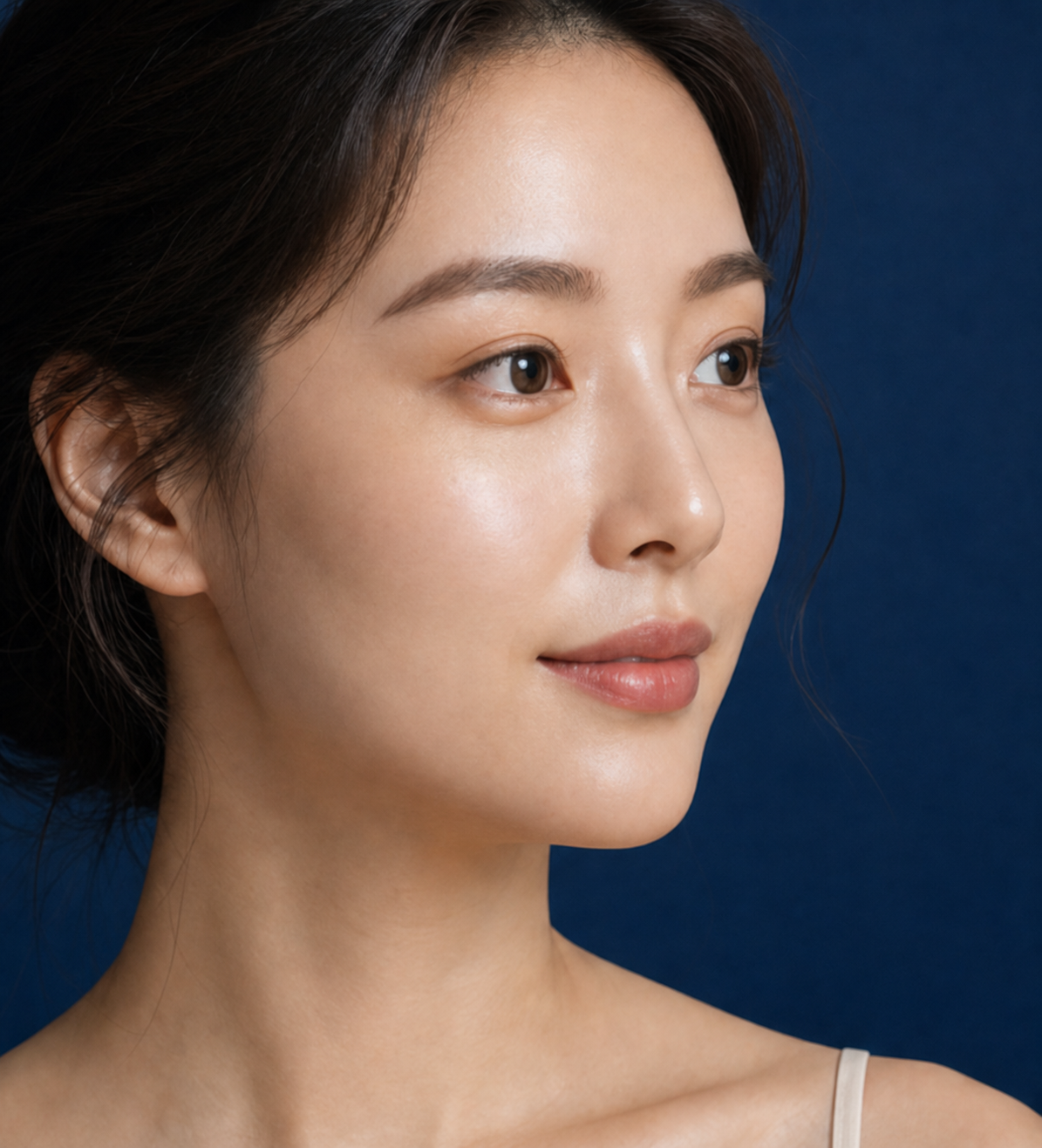 一位東方女性以四十五度角側臉呈現，可用滑鼠探索不同臉部區域