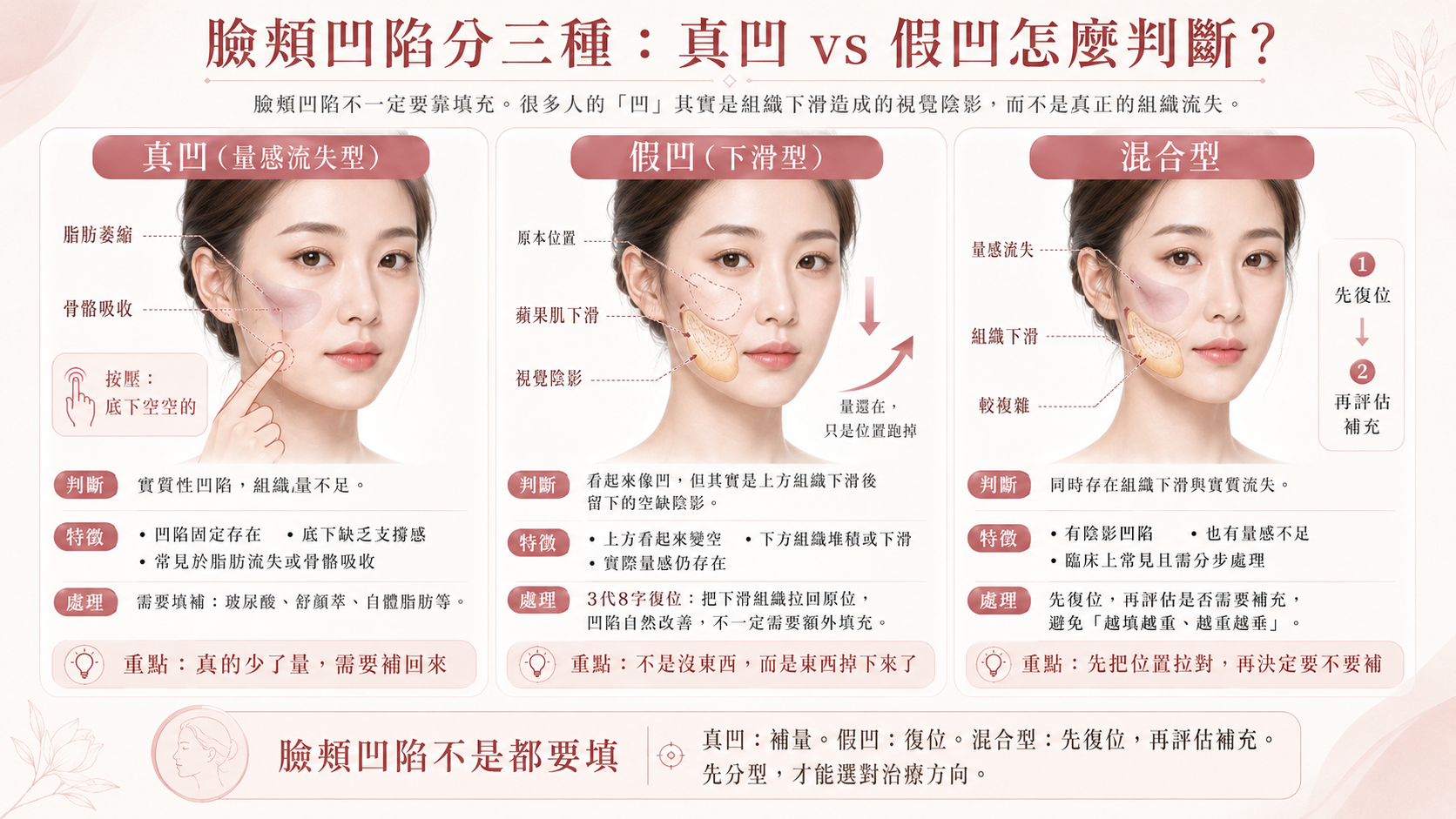 臉頰凹陷分三種示意圖:真凹、假凹、混合型的判斷與處理方式