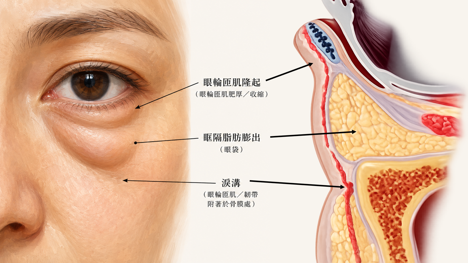 眼袋成因解剖圖：眼輪匝肌隆起、眶隔脂肪膨出形成眼袋、淚溝為韌帶附著骨膜處