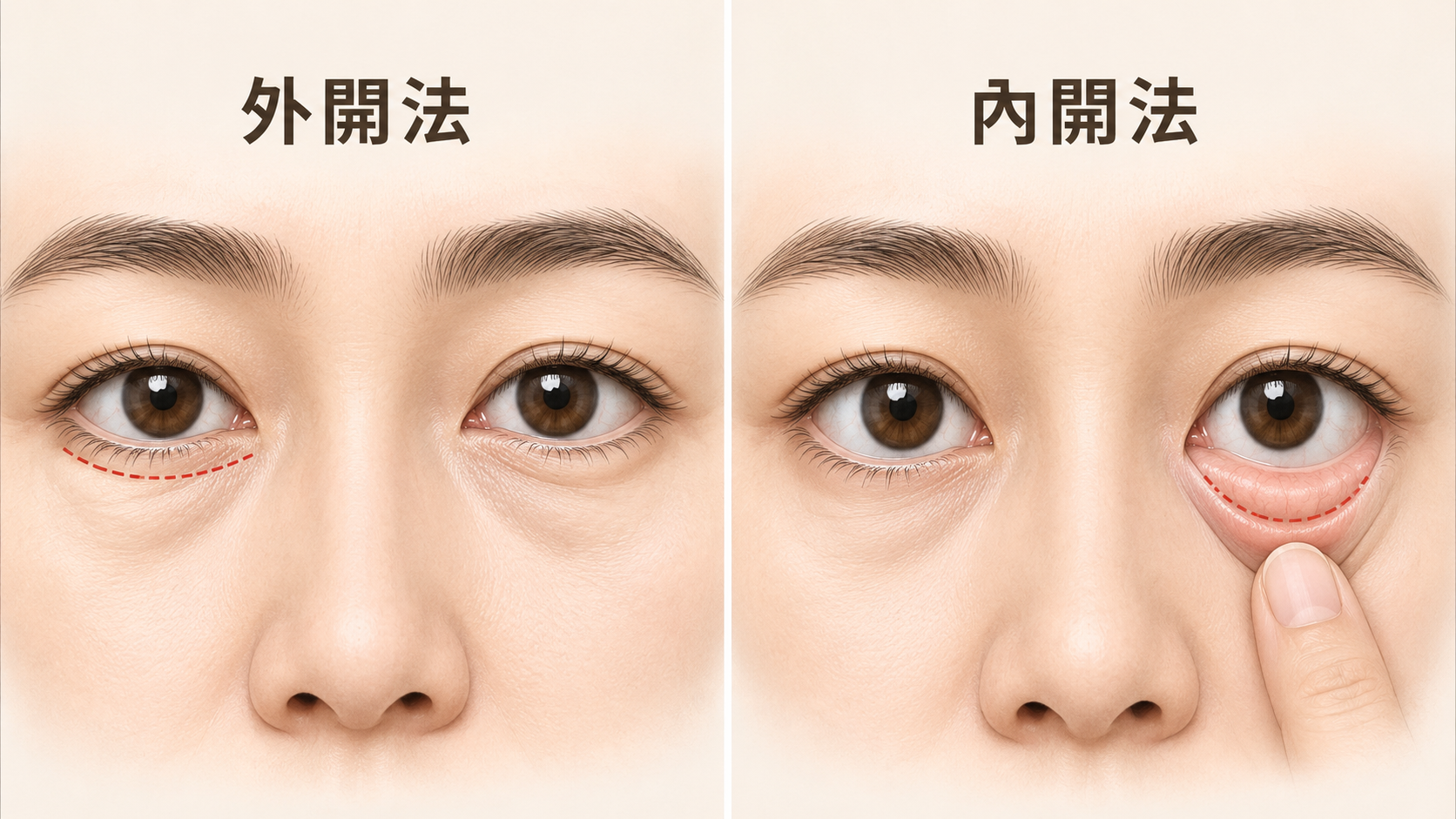 眼袋手術內開外開切口位置比較：外開法從下睫毛線切開，內開法從結膜面進入