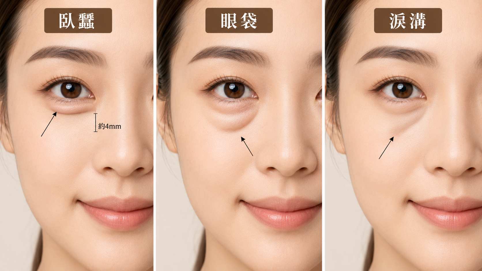 臥蠶、眼袋、淚溝差異比較圖：臥蠶是緊貼睫毛下約4mm的細長隆起，眼袋是脂肪膨出的較大凸起，淚溝是從內眼角到顴骨方向的凹陷溝槽