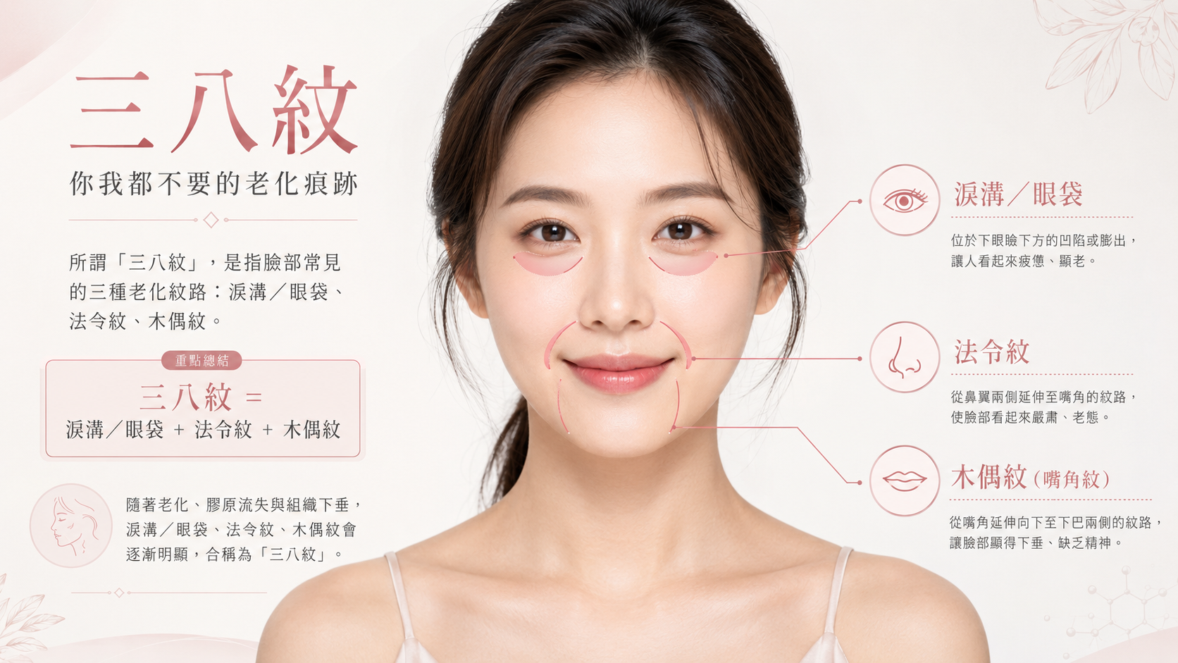 三八紋示意圖:淚溝眼袋、法令紋、木偶紋的位置與成因說明