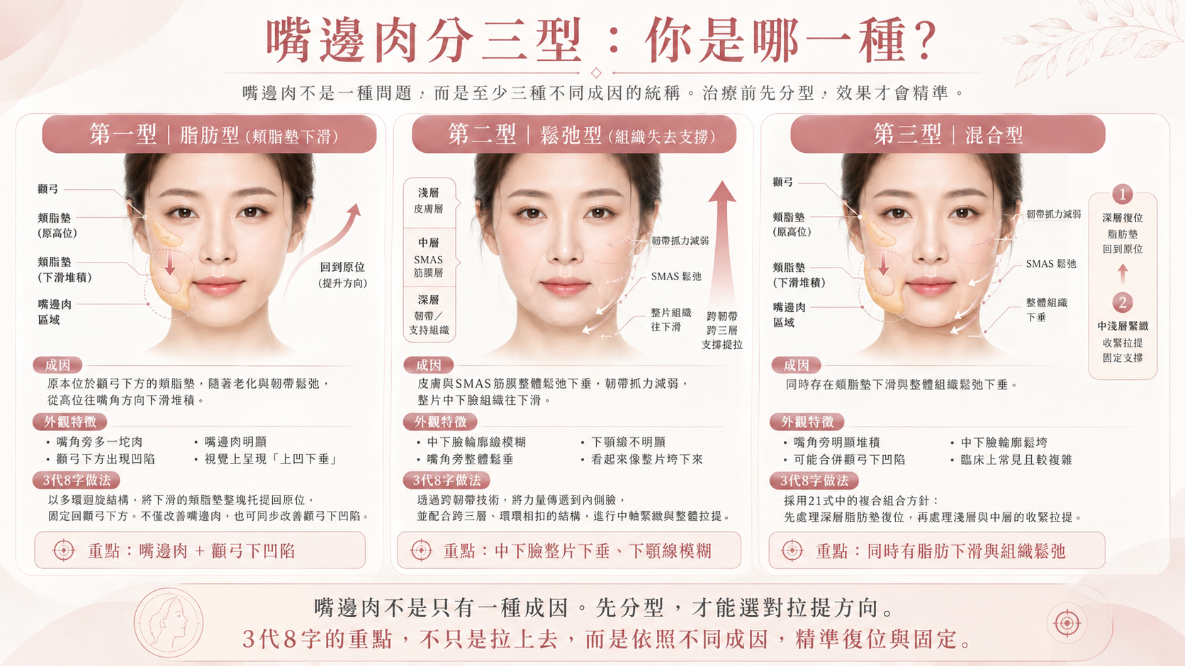 嘴邊肉分三型示意圖:第一型脂肪型(類脂墊下滑)、第二型鬆弛型(組織失去支撐)、第三型混合型