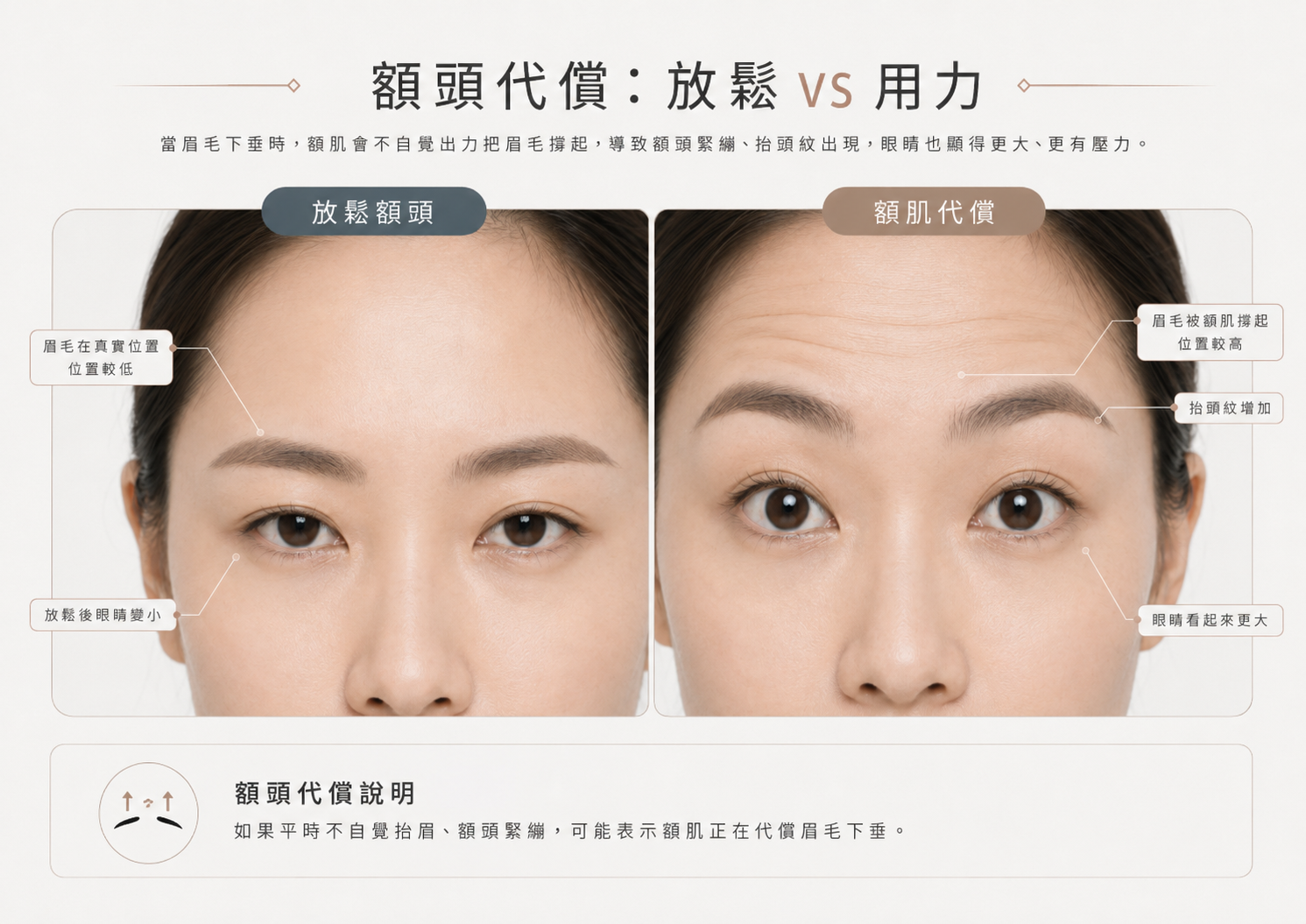額頭代償示意圖，比較放鬆額頭與額肌用力時眉毛位置和眼睛大小的差異