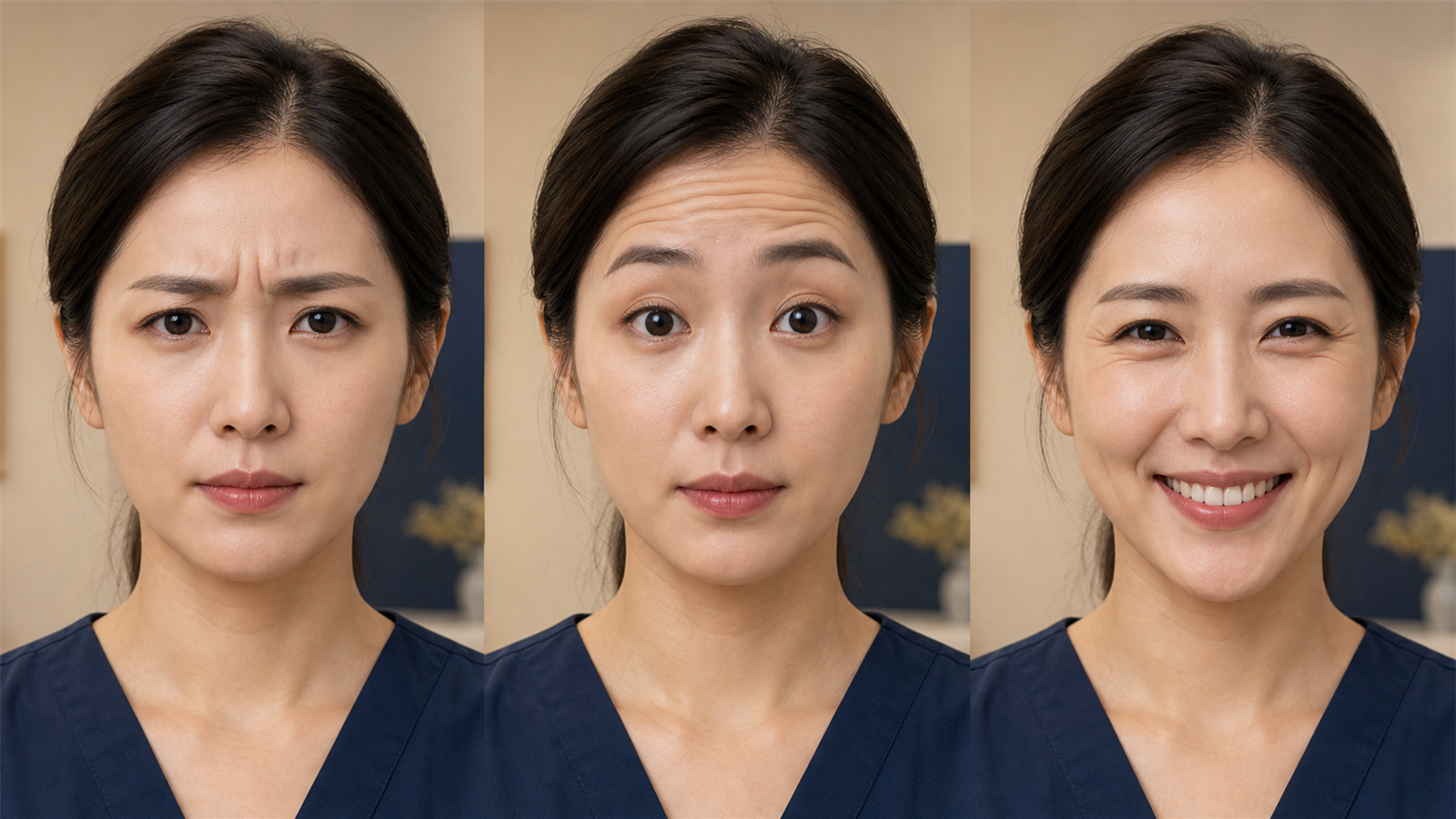東亞女性皺眉抬眉與微笑時動態紋位置的醫療教育示意