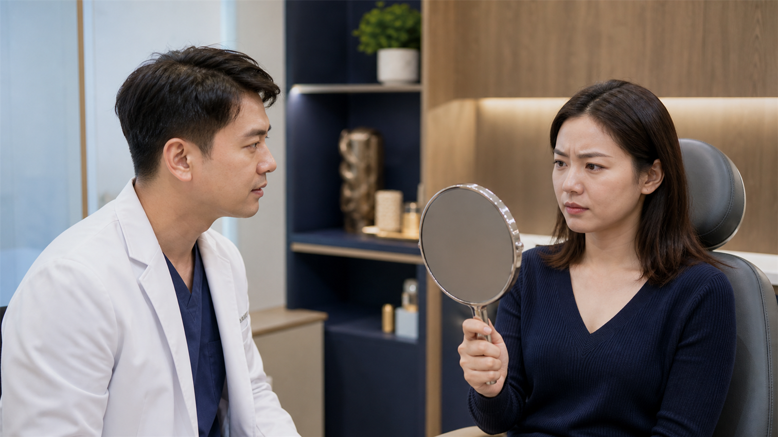 醫師觀察患者皺眉表情與眉眼位置的診間評估情境
