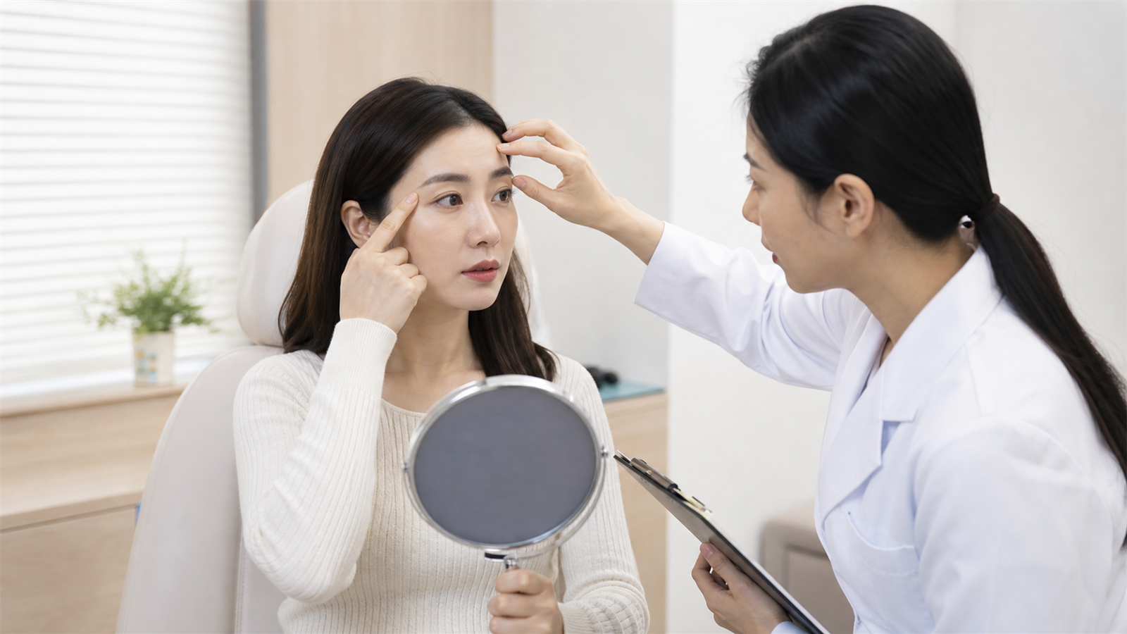 患者與醫師檢查眉眼對稱及眼皮活動的回診情境