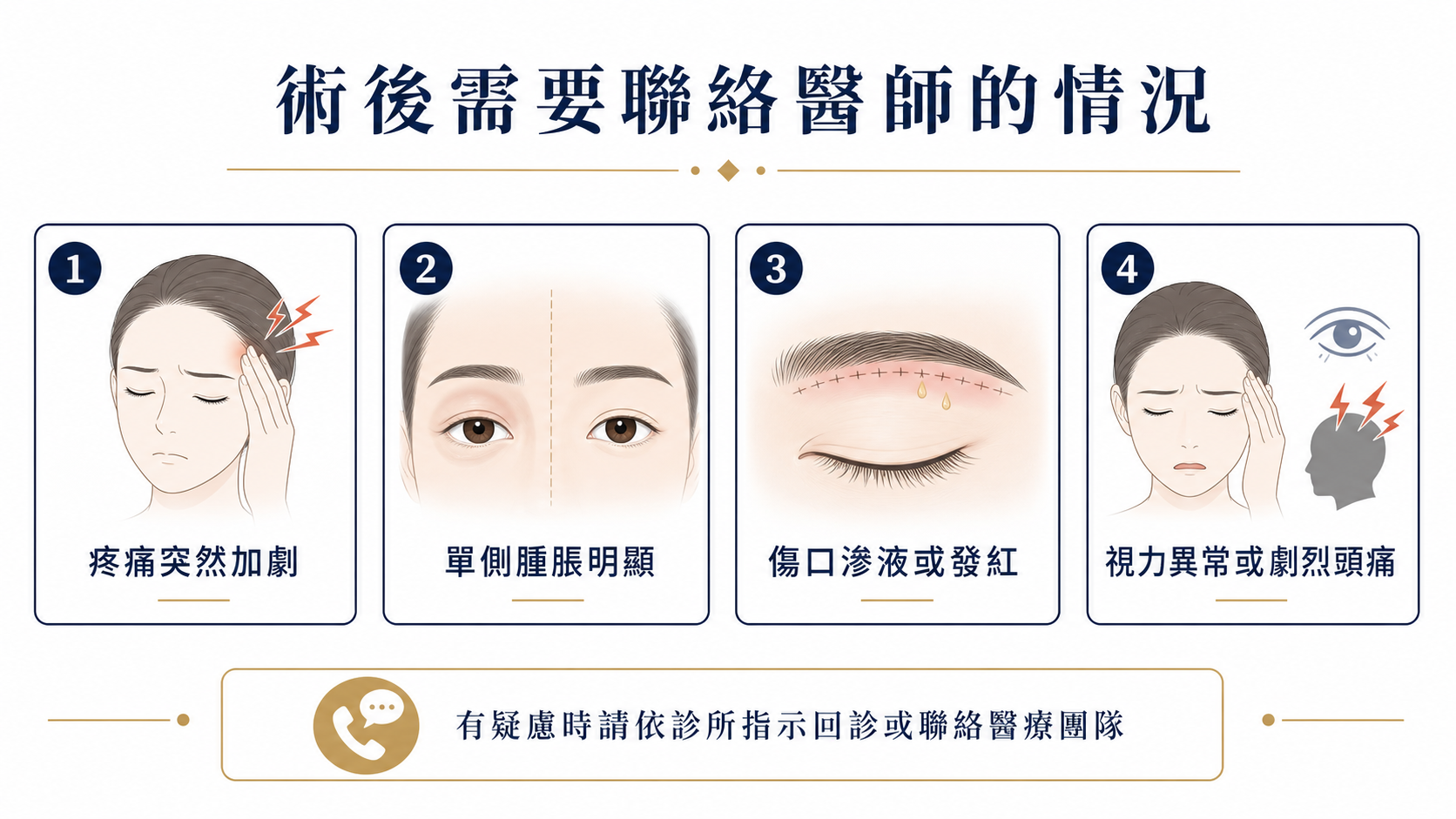 眉壓眼術後需要聯絡醫師的警訊示意圖：疼痛加劇、單側腫脹、傷口發紅與視力異常