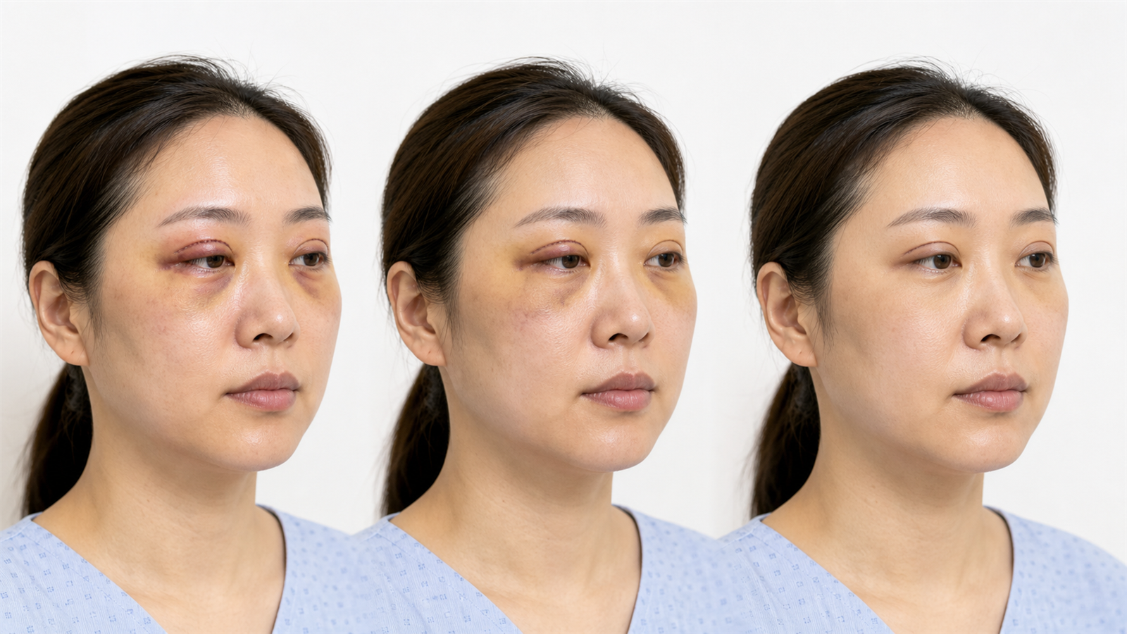 上眼皮腫脹與瘀青逐步減輕的連續恢復趨勢示意