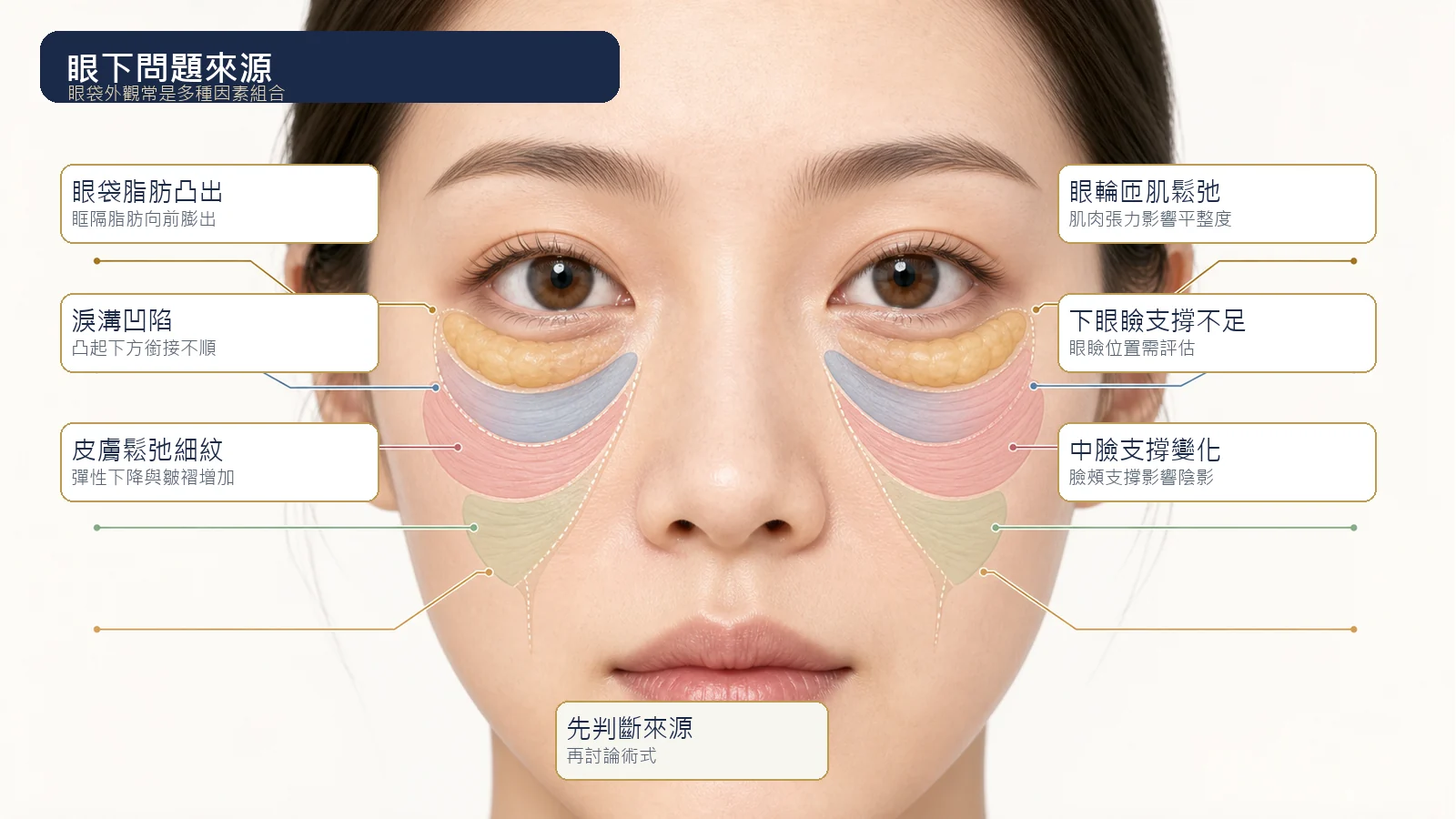 眼袋、淚溝、皮膚鬆弛與下眼瞼支撐不足的眼下問題來源示意圖