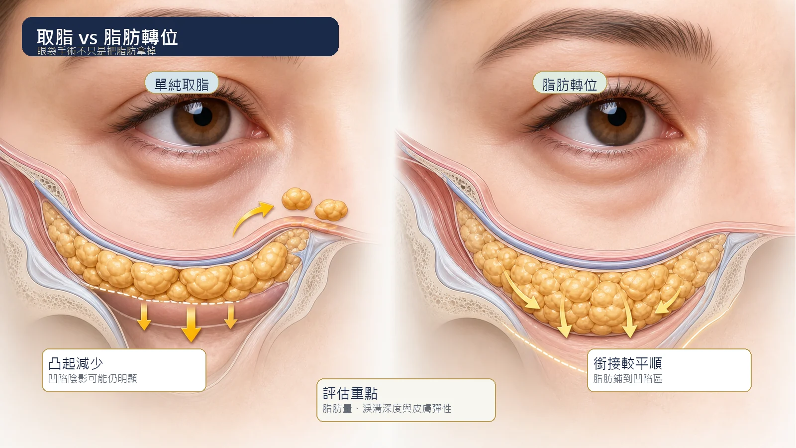 眼袋單純取脂與脂肪轉位差異示意圖