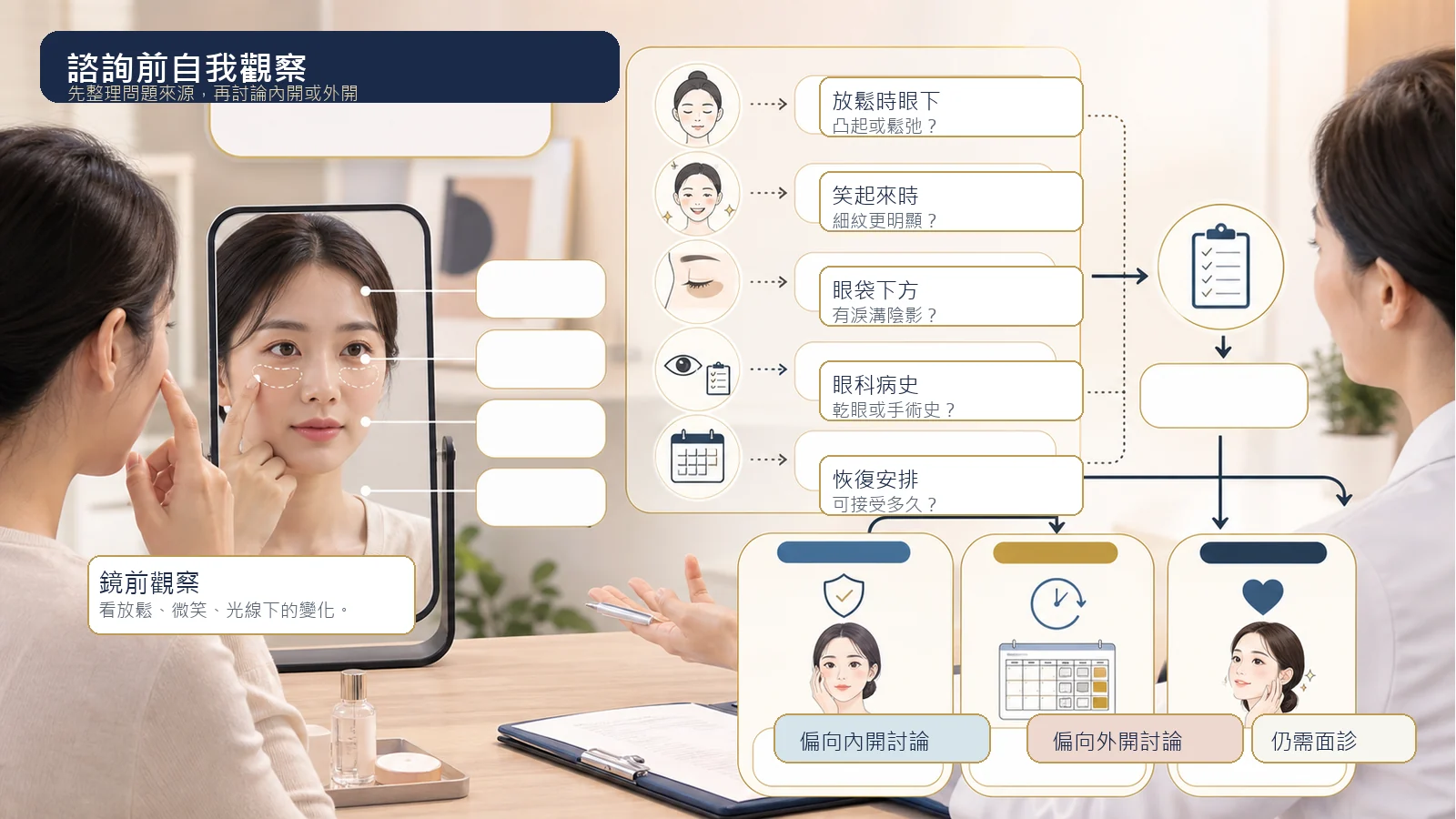 眼袋內開外開諮詢前自我觀察清單與流程圖