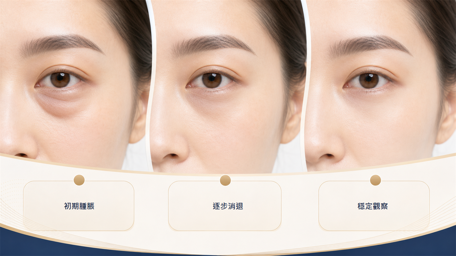 眼袋手術恢復期腫脹消退與穩定觀察階段示意圖