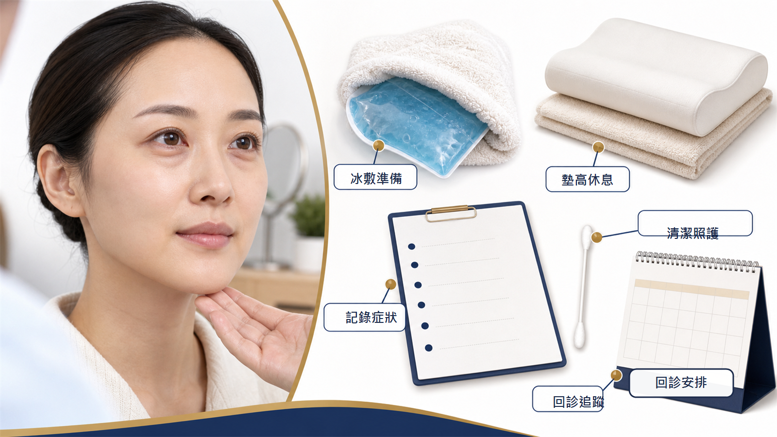眼袋手術術後冰敷休息清潔記錄與回診安排圖
