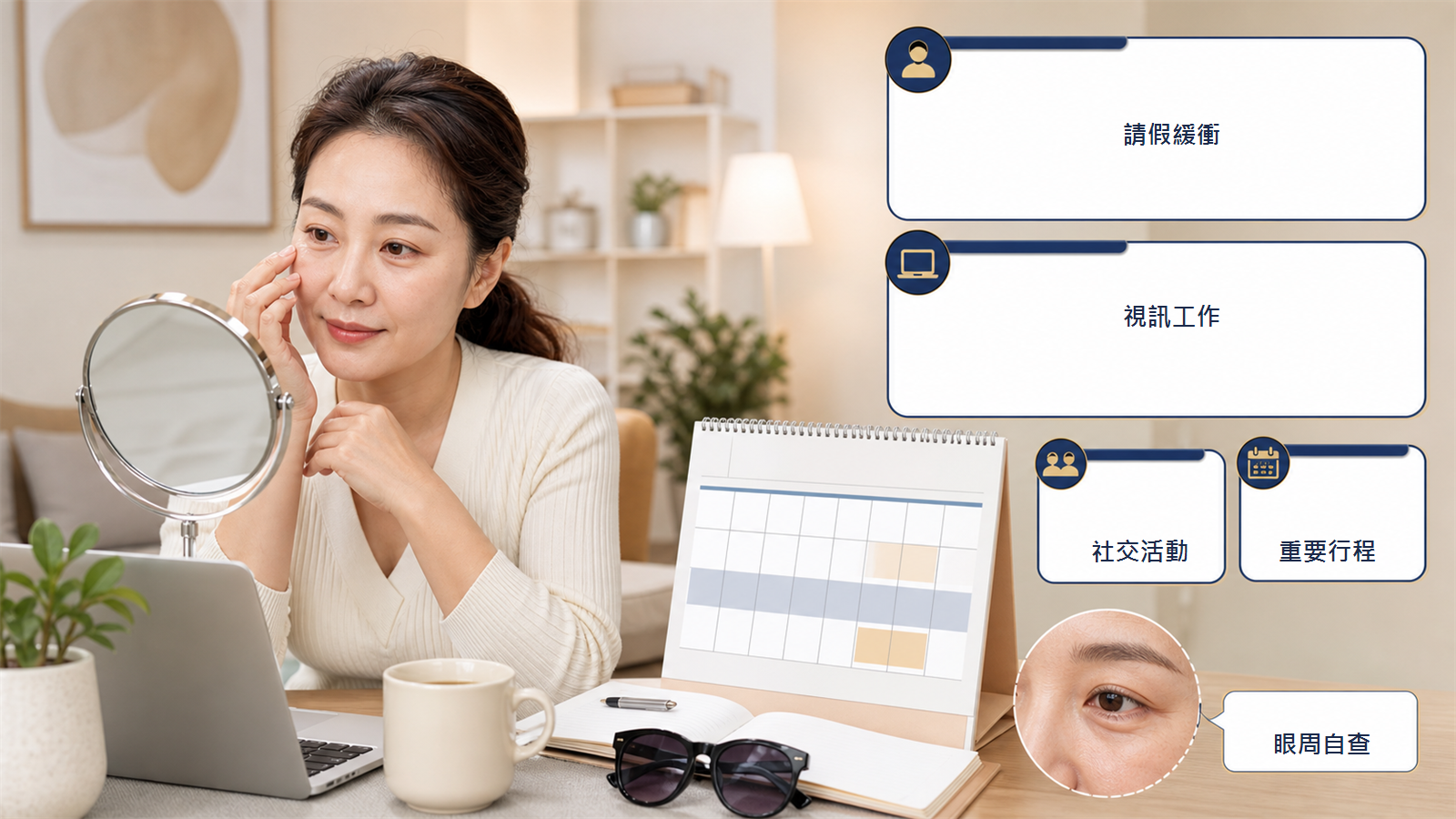 眼袋手術恢復期上班視訊社交活動與重要行程安排圖