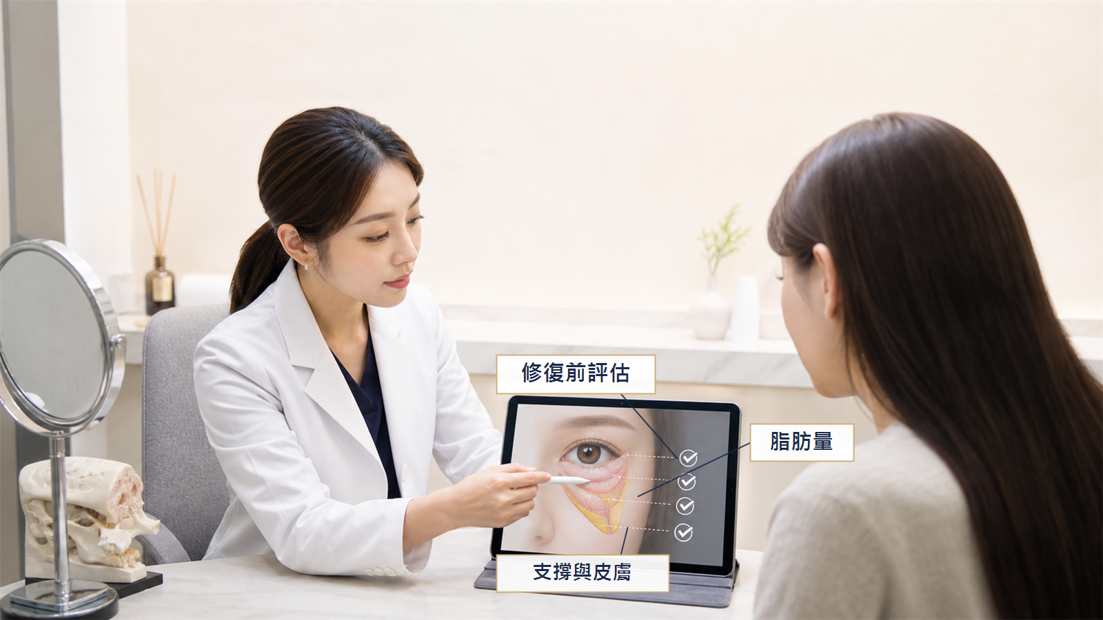 眼袋手術修復前診間評估下眼瞼支撐脂肪量皮膚條件與淚溝位置示意圖