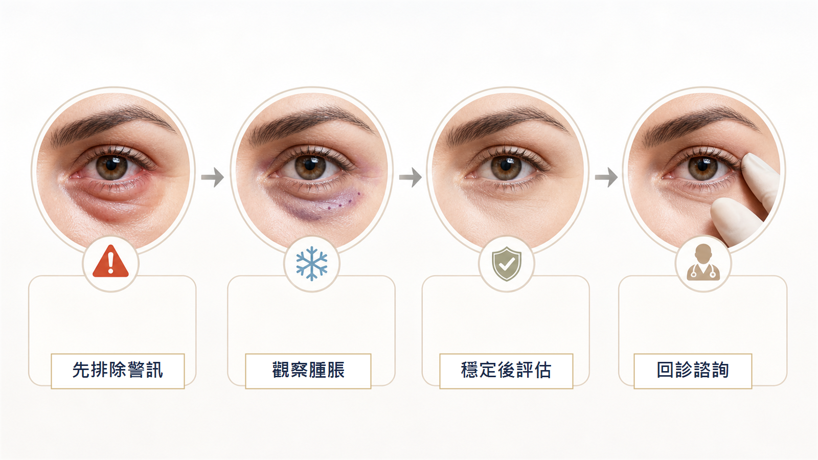 眼袋手術後警訊恢復觀察穩定評估與修復諮詢時機流程示意圖