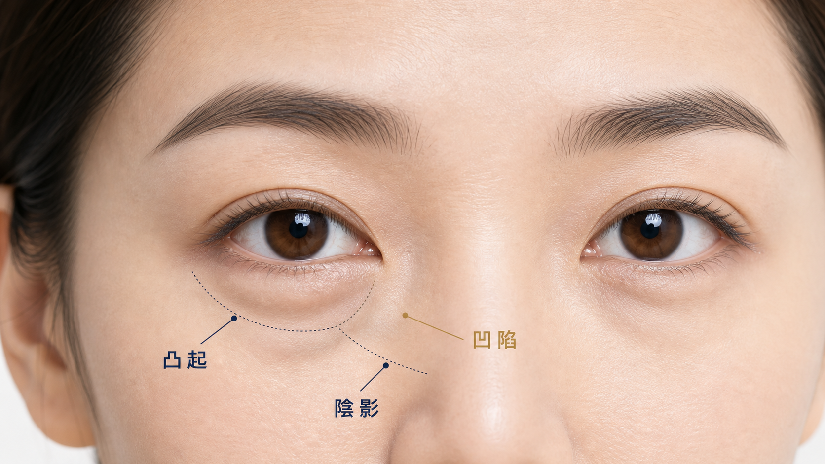 眼袋凸起與淚溝凹陷陰影示意圖，擬真呈現凸起、凹陷與陰影如何形成疲倦感