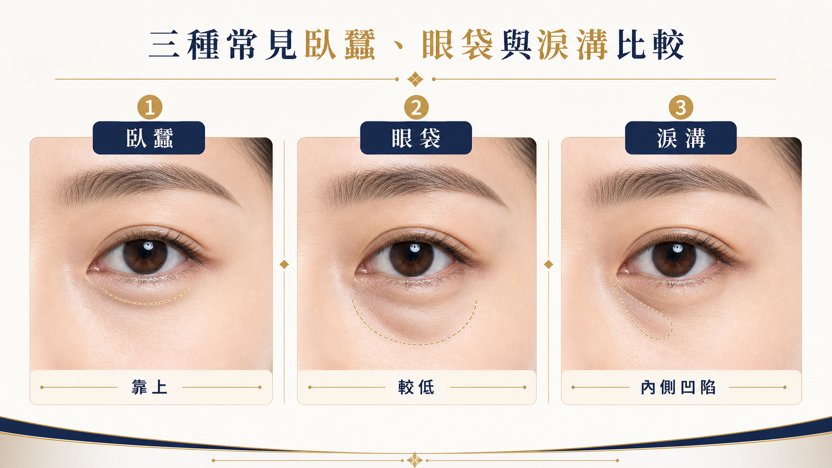 眼袋淚溝臥蠶三者擬真比較圖，分別呈現臥蠶、眼袋與淚溝的位置和外觀差異