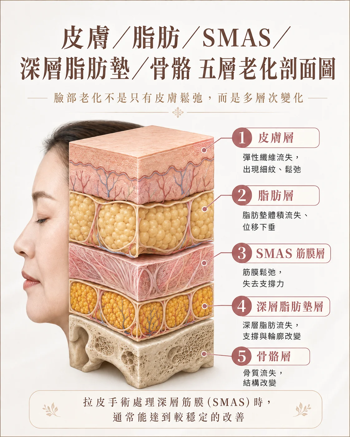 臉部老化五層剖面圖，說明皮膚層、脂肪層、SMAS 筋膜層、深層脂肪墊層與骨骼層變化