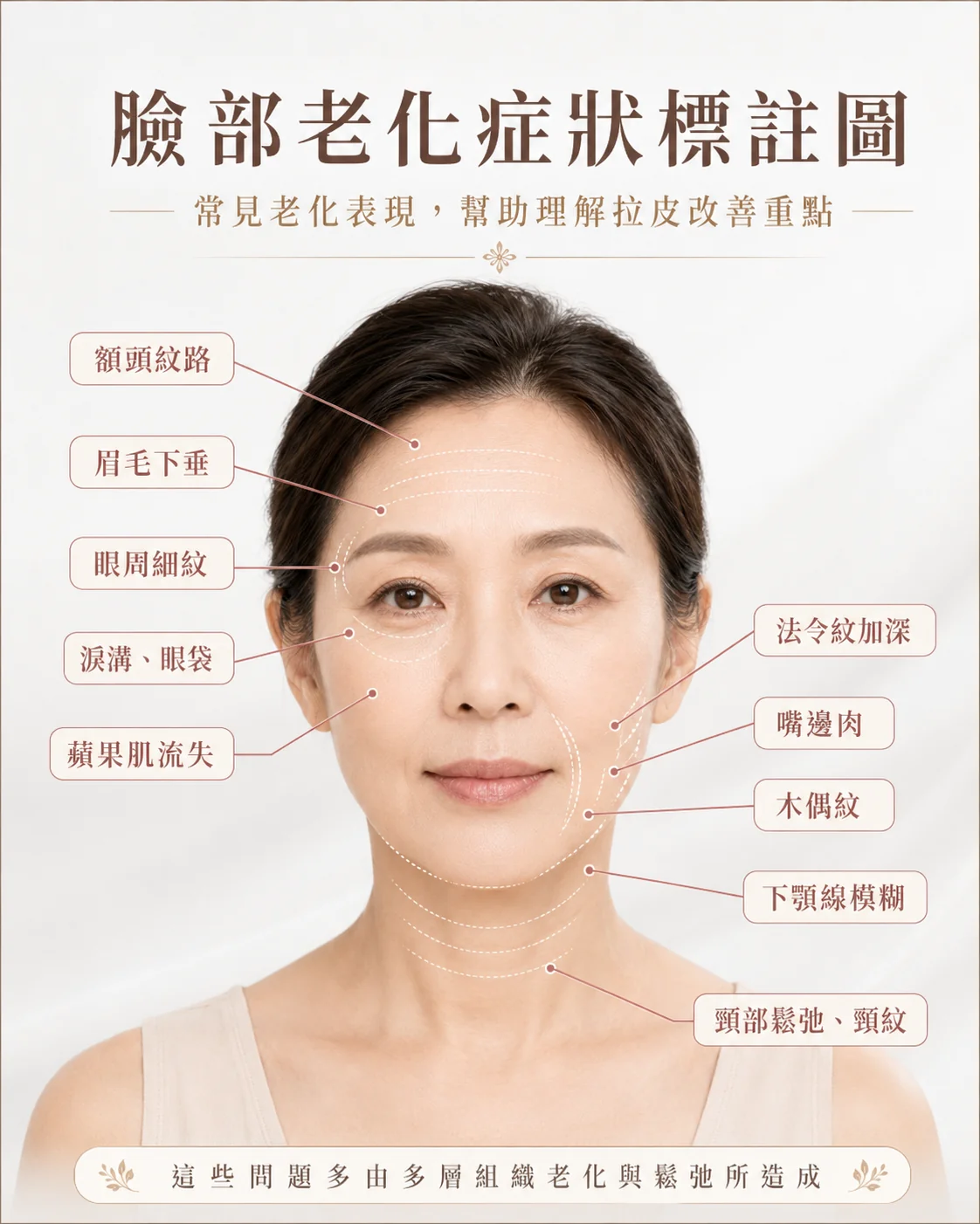 臉部老化症狀標註圖：額頭紋路、眉毛下垂、眼周細紋、淚溝眼袋、蘋果肌流失、法令紋加深、嘴邊肉、木偶紋、下顎線模糊、頸部鬆弛