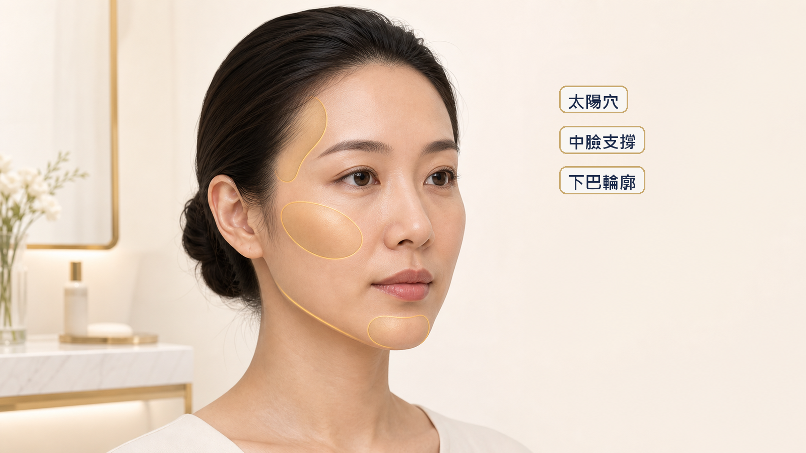玻尿酸與膠原蛋白增生劑面診時太陽穴中臉與下巴輪廓評估示意圖