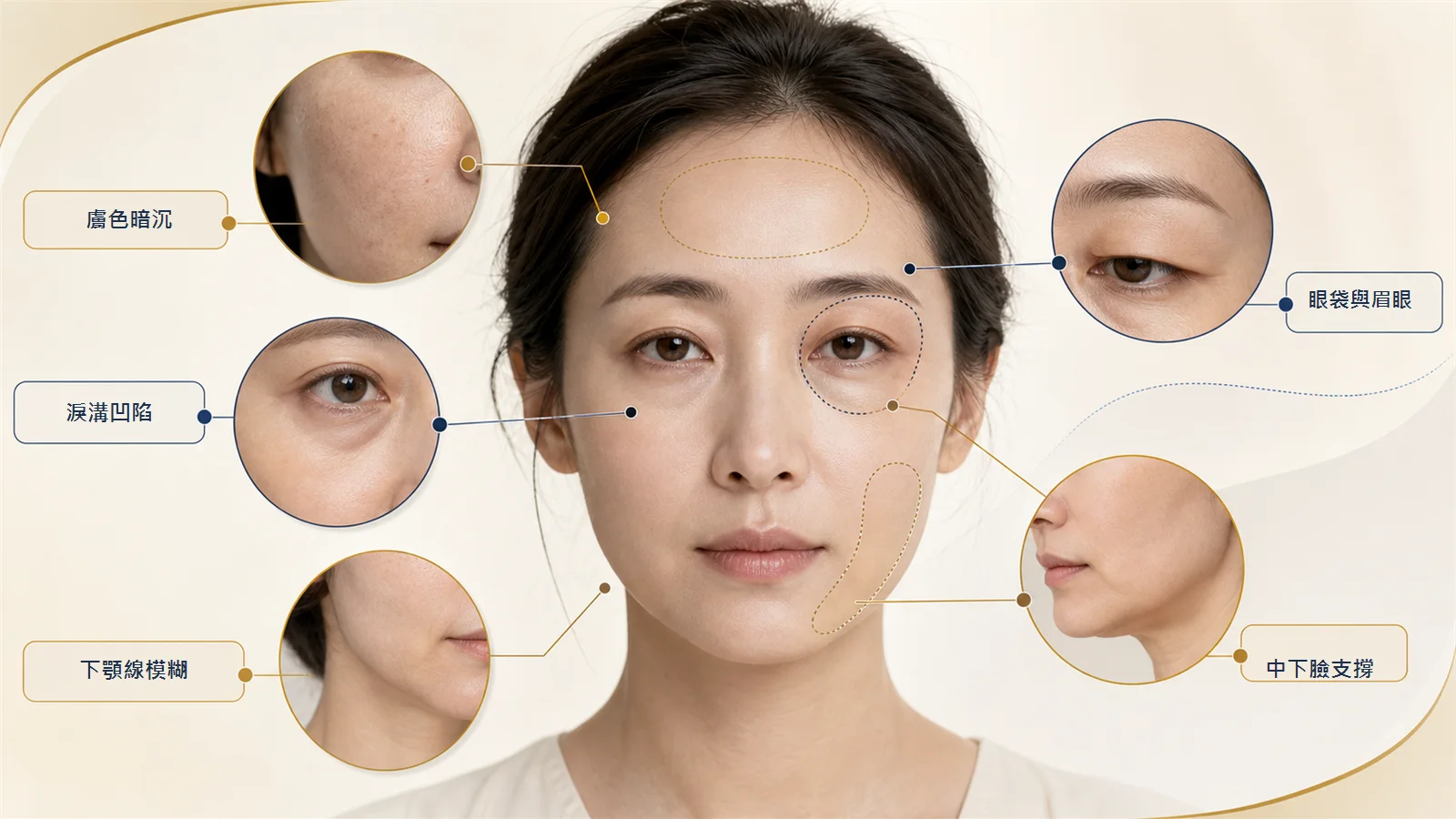 看起來疲倦可能來自膚色、淚溝、眼袋、眉眼下垂或中下臉支撐改變。