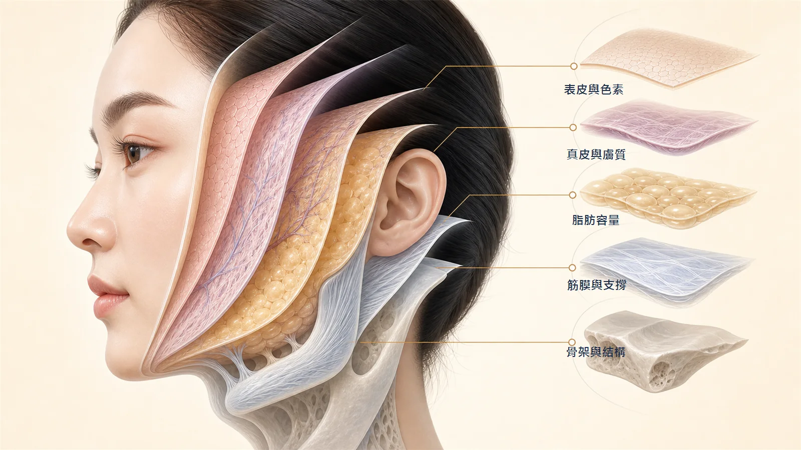 醫美問題可能來自表皮色素、真皮膚質、脂肪容量、筋膜支撐或骨架結構等不同層次。