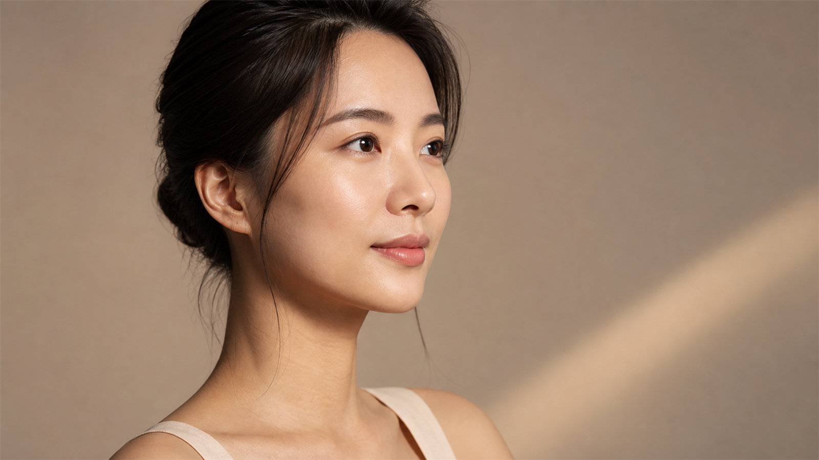 亞洲女性自然表情下的臉部輪廓比例與光影轉折評估示意