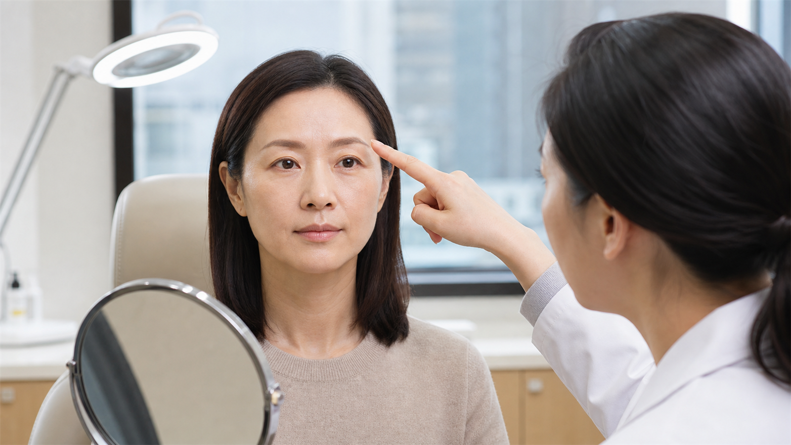 醫師在診間評估自然睜眼、眉毛位置與上眼皮條件