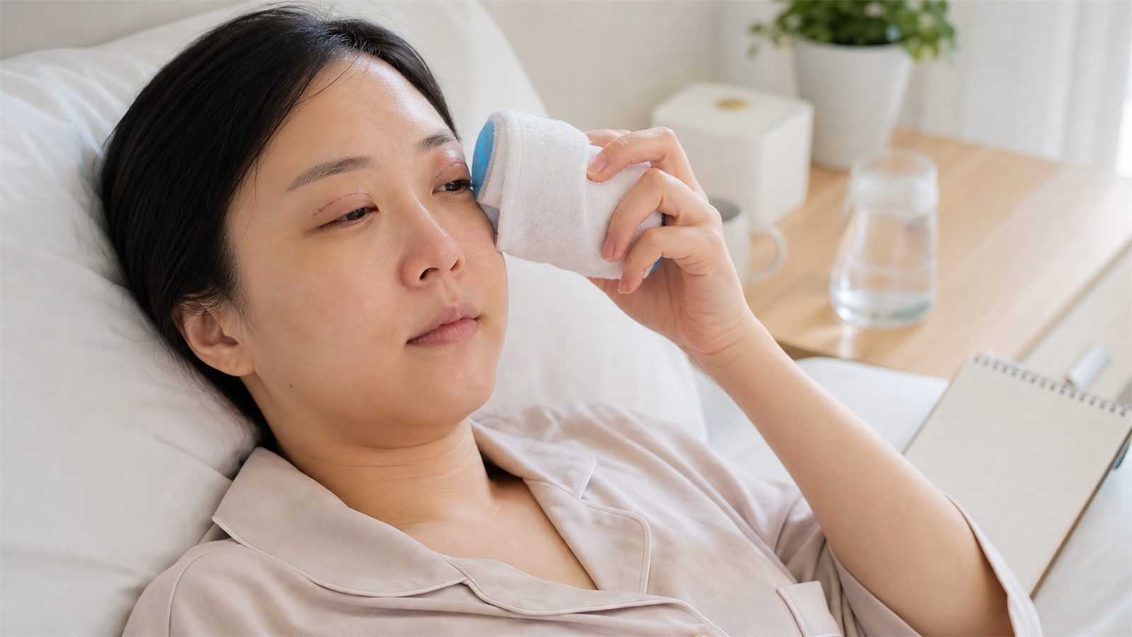 雙眼皮手術後墊高休息與依指示使用包覆冷敷的照護情境