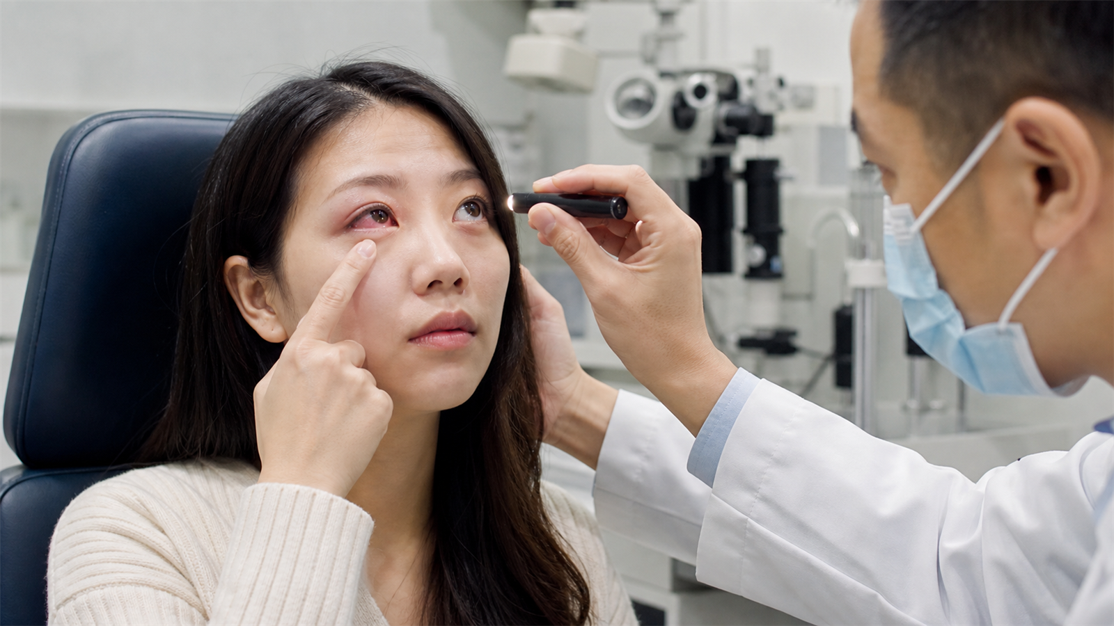 眼科醫師檢查雙眼皮手術後視力變化、疼痛與單側腫脹警訊