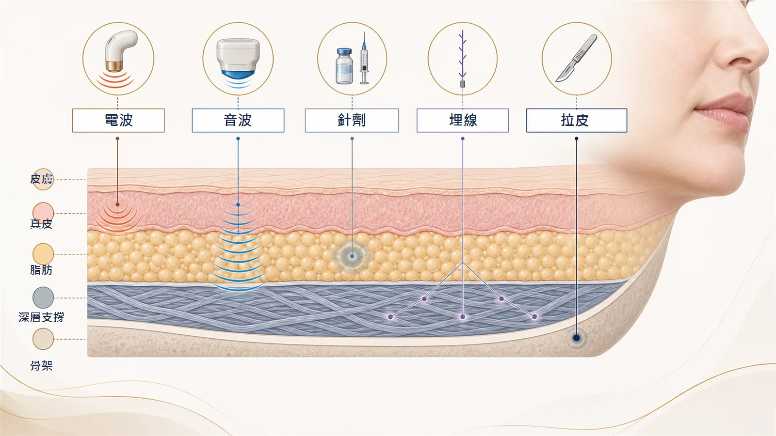 嘴邊肉治療層次比較圖，整理電波、音波、針劑、埋線與拉皮的作用層次