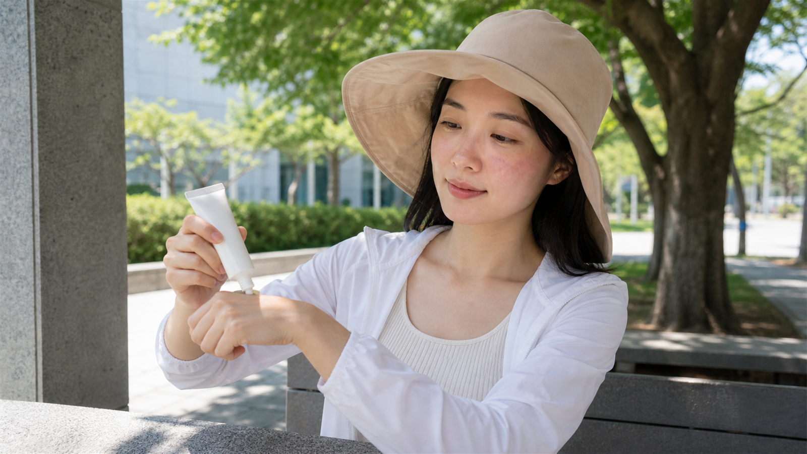 雷射後使用帽子遮蔭與防曬用品的日常情境
