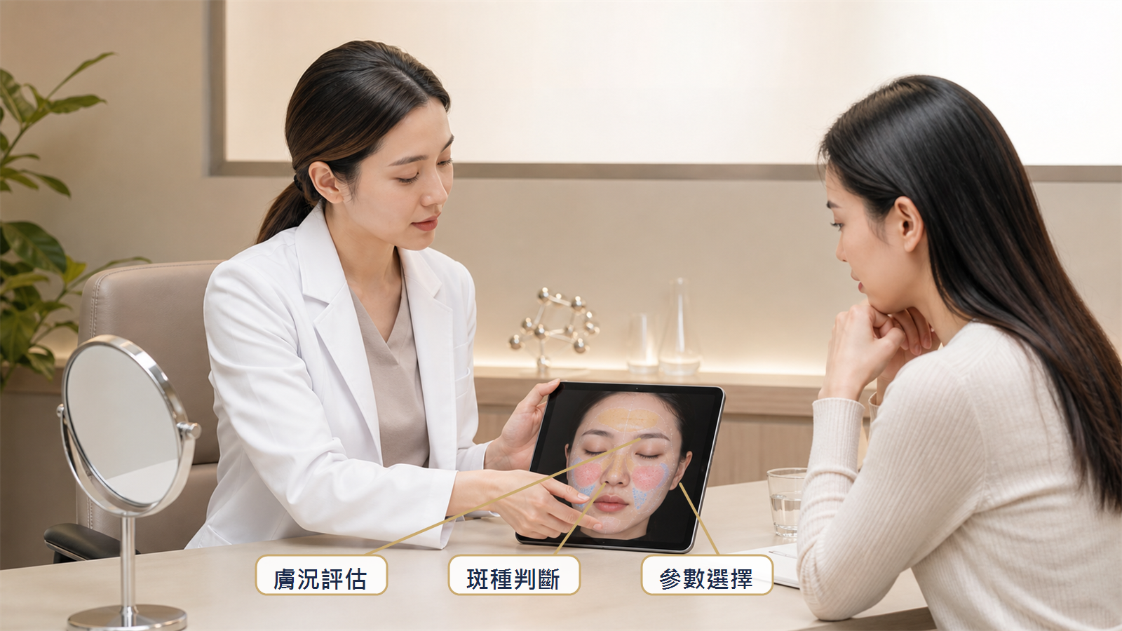 皮秒雷射諮詢時評估膚況斑種與參數選擇的診間示意圖