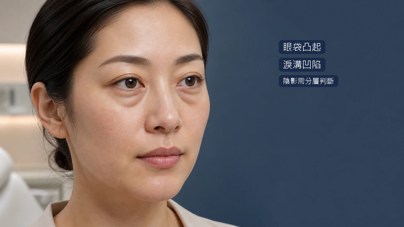 眼袋凸起與淚溝凹陷造成眼下陰影的位置示意