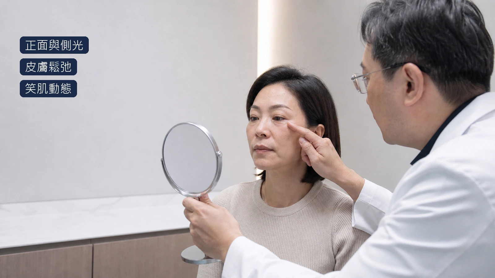 醫師以正面側光與動態表情評估眼袋淚溝及皮膚鬆弛