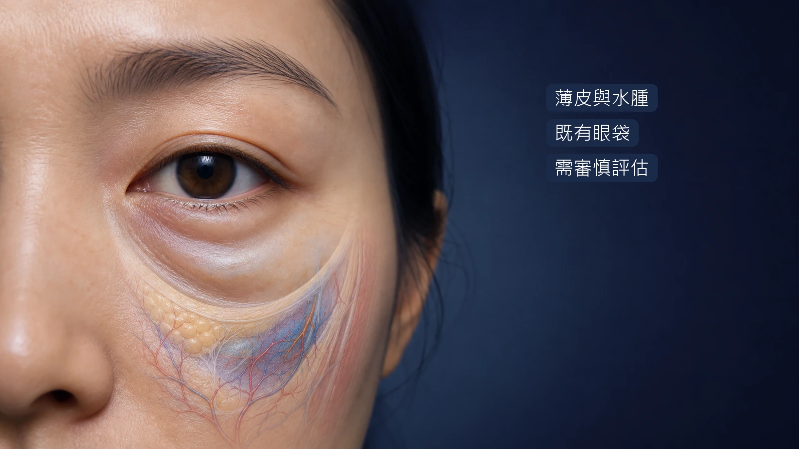 眼周薄皮水腫既有眼袋與血管層次的淚溝填補風險示意