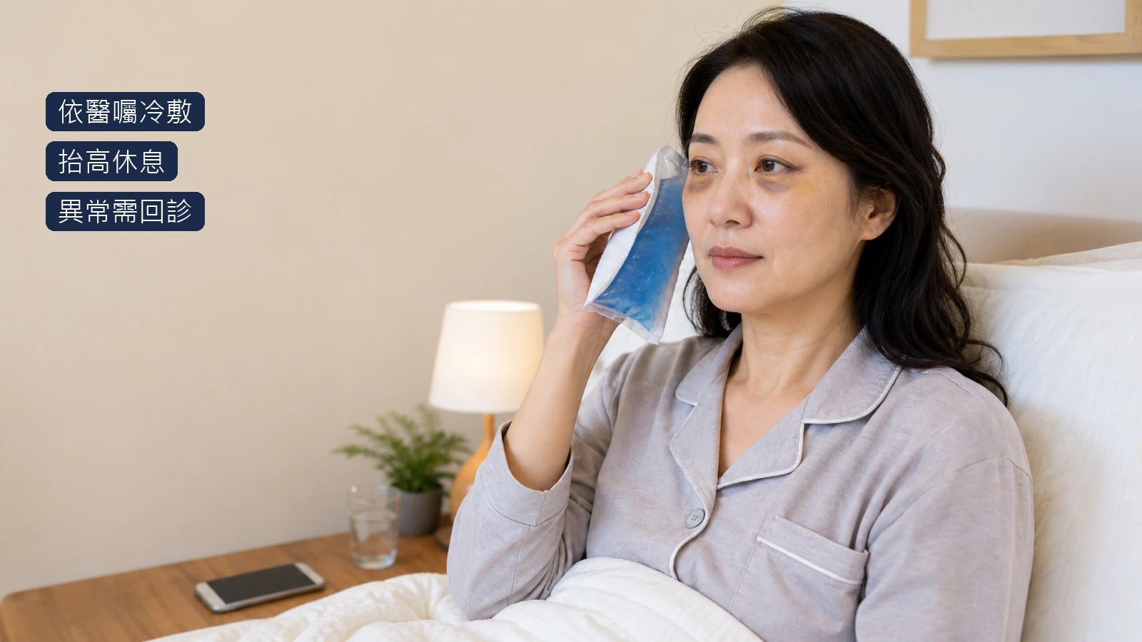 眼袋脂肪轉位術後腫脹瘀青冷敷與抬高休息照護