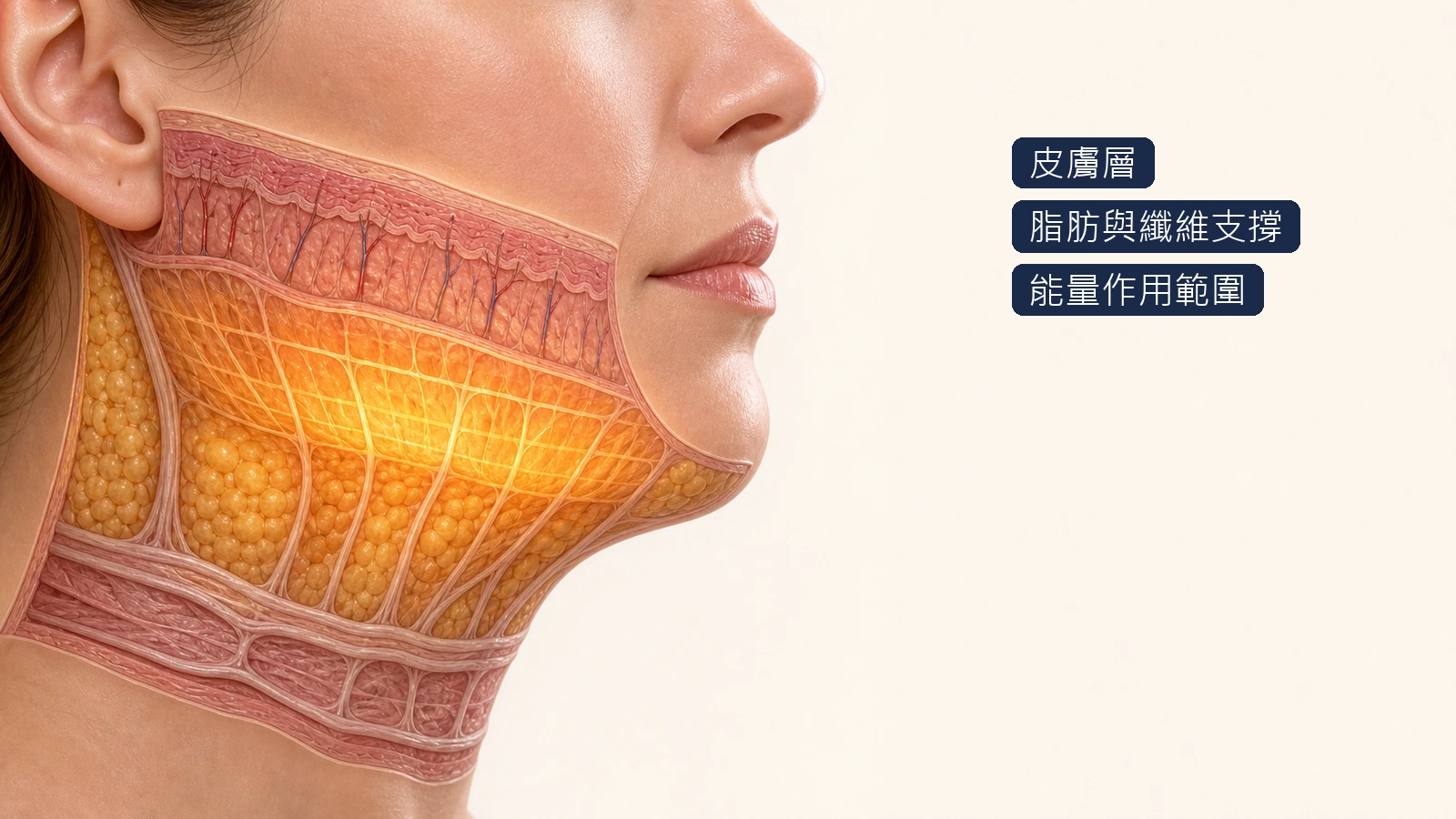 鳳凰電波作用於皮膚脂肪與纖維支撐層的醫療示意