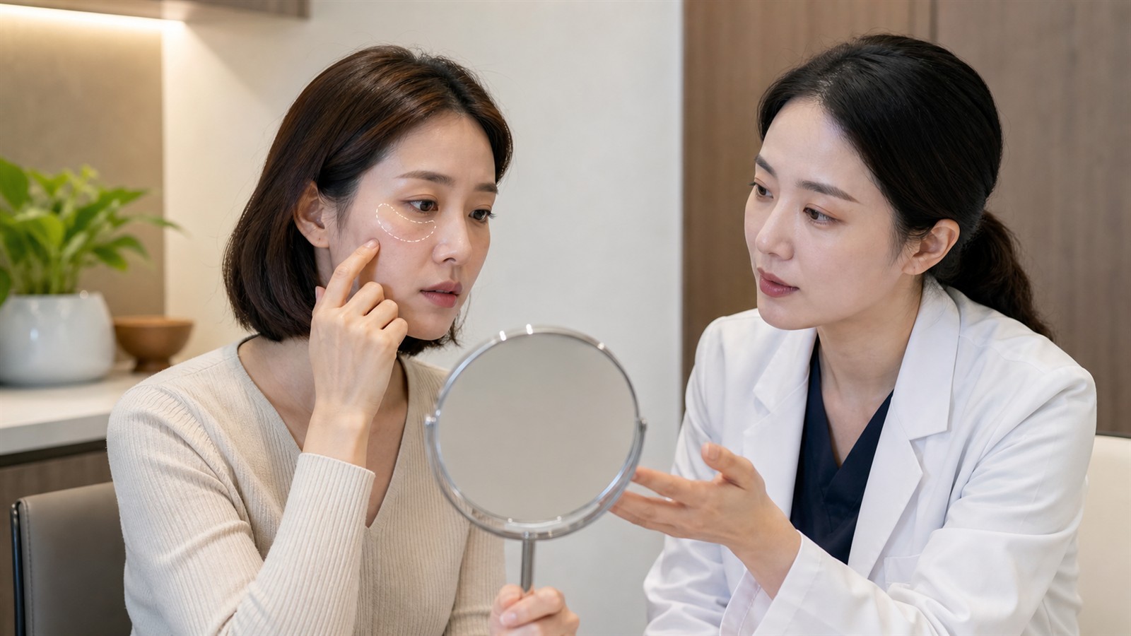 第一次醫美諮詢時,患者先指出一個主要臉部困擾,再由醫師共同確認評估方向。