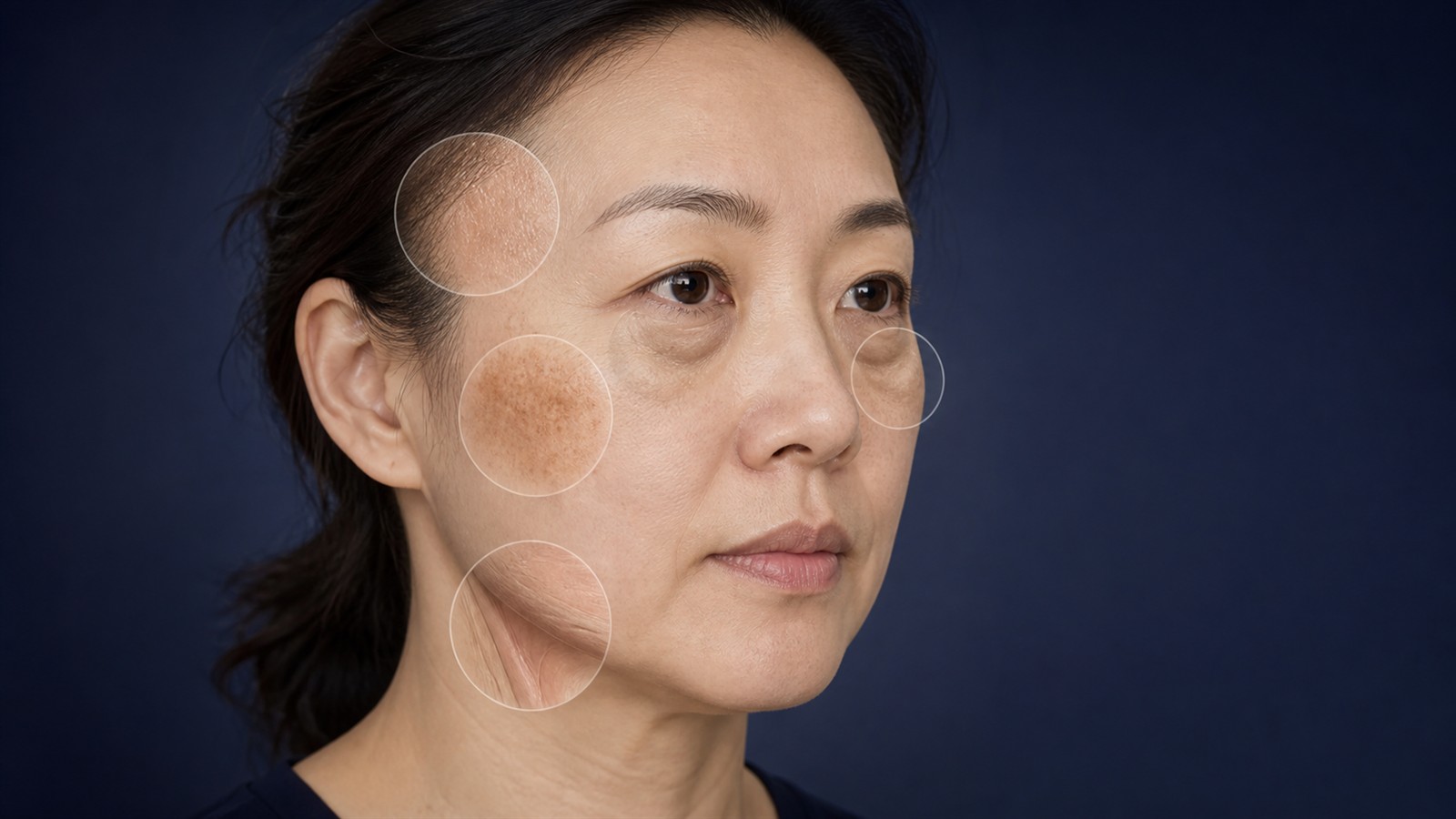 同一張臉可同時呈現色素、膚質、眼下凹陷與下顎線鬆弛等不同問題來源。