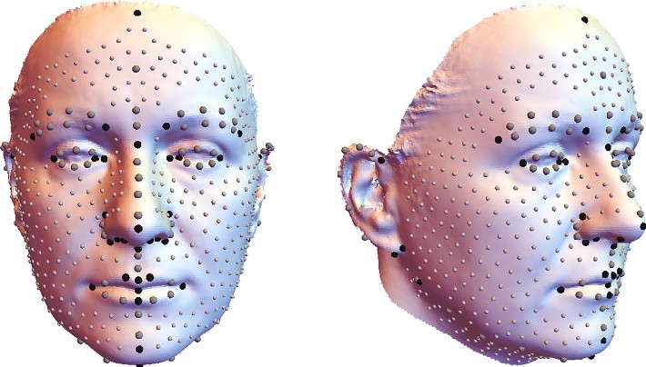 3D人臉模型,顯示面部特徵點。|506